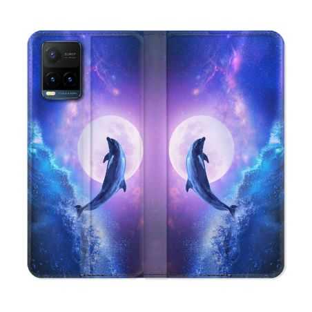 Housse cuir portefeuille Pour Vivo Y21 / Y21S / Y33S Animal Dauphin Vague