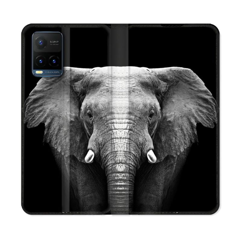 Housse cuir portefeuille Pour Vivo Y21 / Y21S / Y33S Animal Elephant Noir