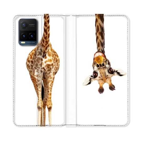 Housse cuir portefeuille Pour Vivo Y21 / Y21S / Y33S Animal Girafe Blanche