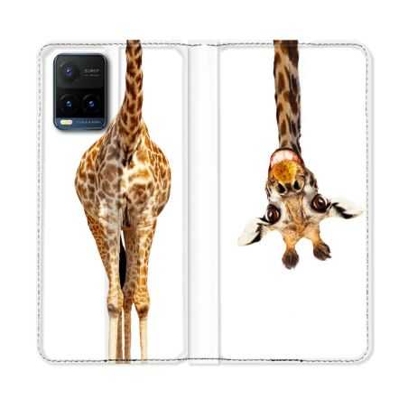Housse cuir portefeuille Pour Vivo Y21 / Y21S / Y33S Animal Girafe Blanche