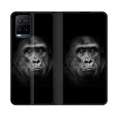 Housse cuir portefeuille Pour Vivo Y21 / Y21S / Y33S Animal Gorille Noir