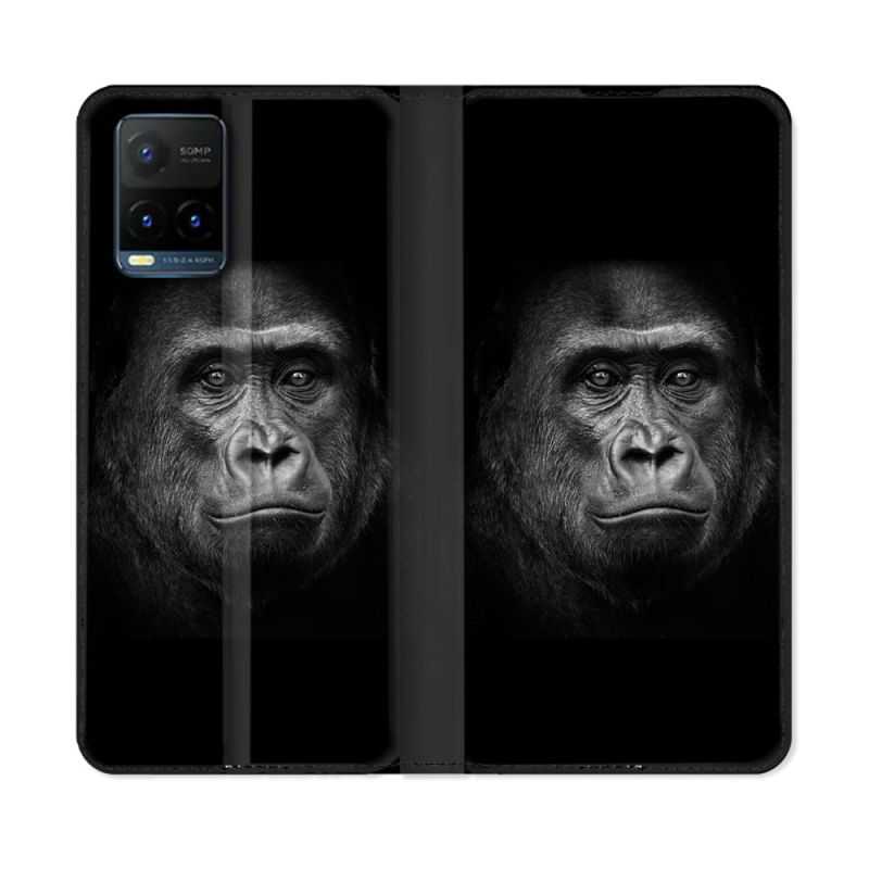Housse cuir portefeuille Pour Vivo Y21 / Y21S / Y33S Animal Gorille Noir