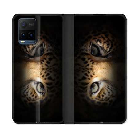 Housse cuir portefeuille Pour Vivo Y21 / Y21S / Y33S Animal Leopard Yeux
