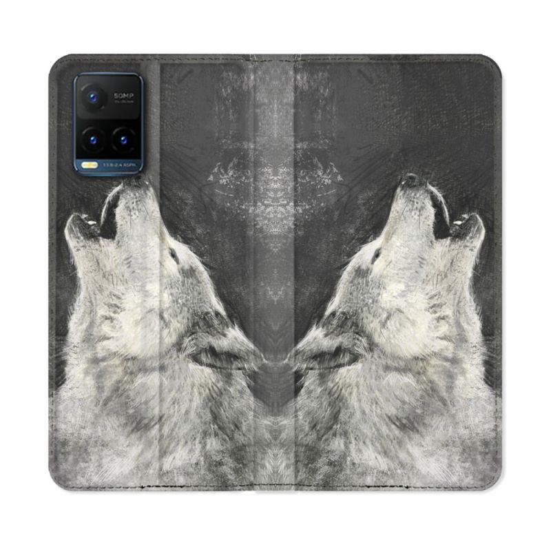 Housse cuir portefeuille Pour Vivo Y21 / Y21S / Y33S Animal Loup Hurlement