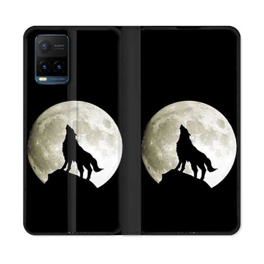 Housse cuir portefeuille Pour Vivo Y21 / Y21S / Y33S Animal Loup Noir