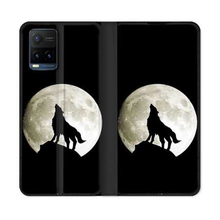 Housse cuir portefeuille Pour Vivo Y21 / Y21S / Y33S Animal Loup Noir