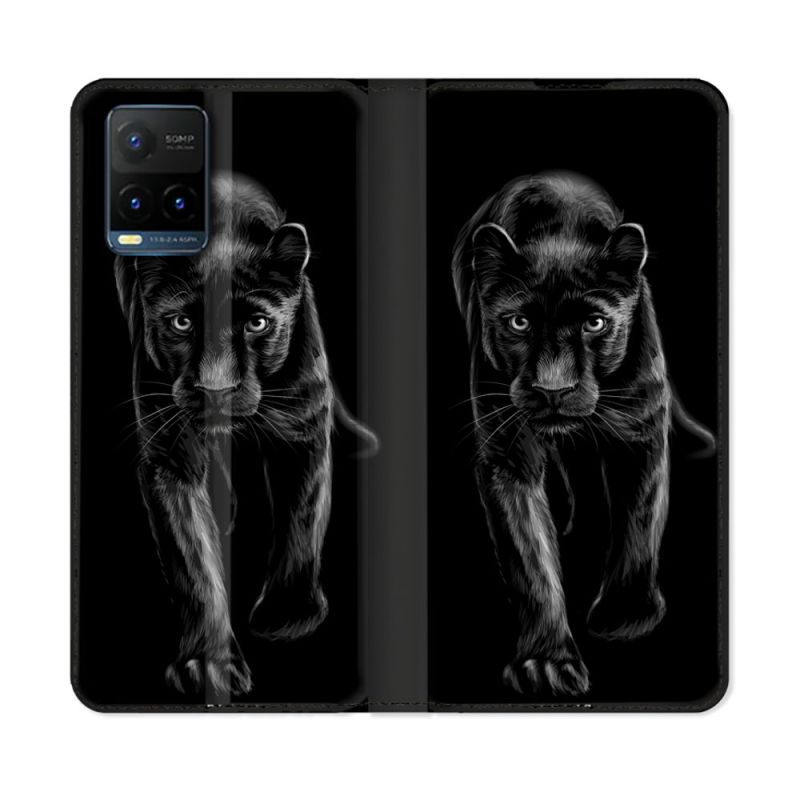 Housse cuir portefeuille Pour Vivo Y21 / Y21S / Y33S Animal Panthère Noire