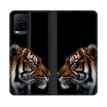 Housse cuir portefeuille Pour Vivo Y21 / Y21S / Y33S Animal Tigre Noir
