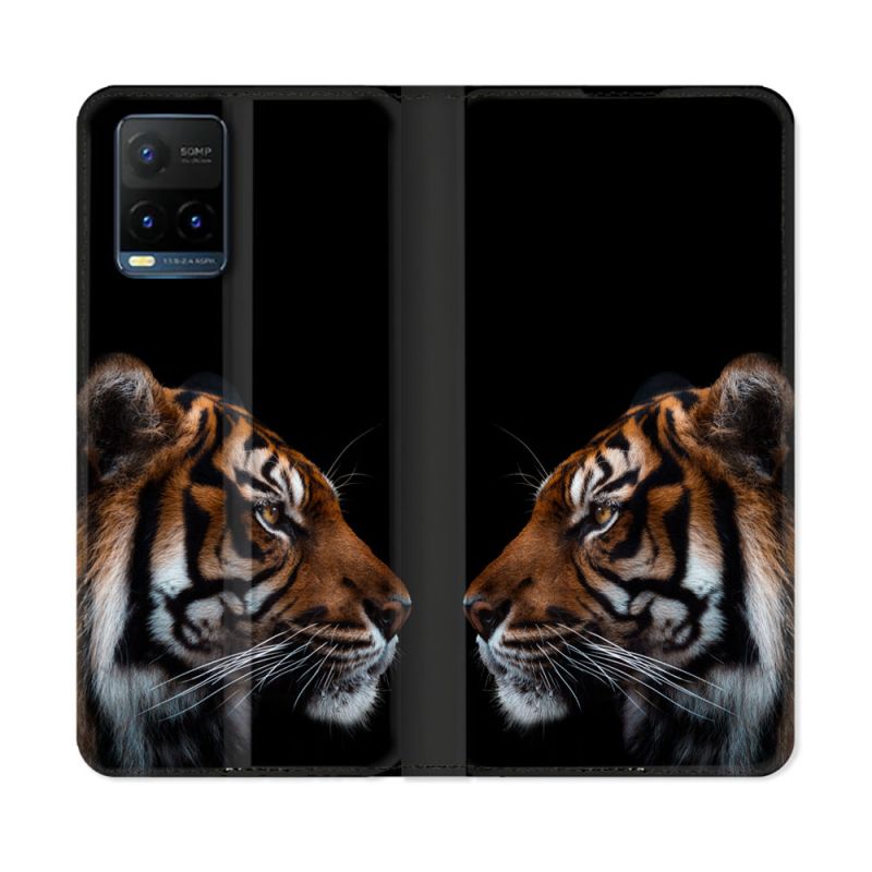 Housse cuir portefeuille Pour Vivo Y21 / Y21S / Y33S Animal Tigre Noir