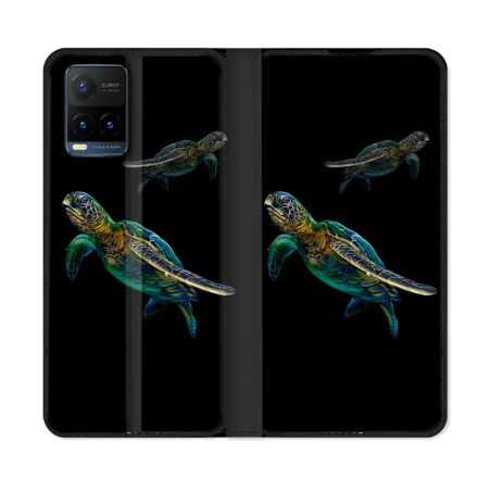 Housse cuir portefeuille Pour Vivo Y21 / Y21S / Y33S Animal Tortue Noire multicolore