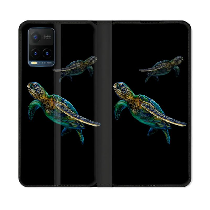 Housse cuir portefeuille Pour Vivo Y21 / Y21S / Y33S Animal Tortue Noire multicolore