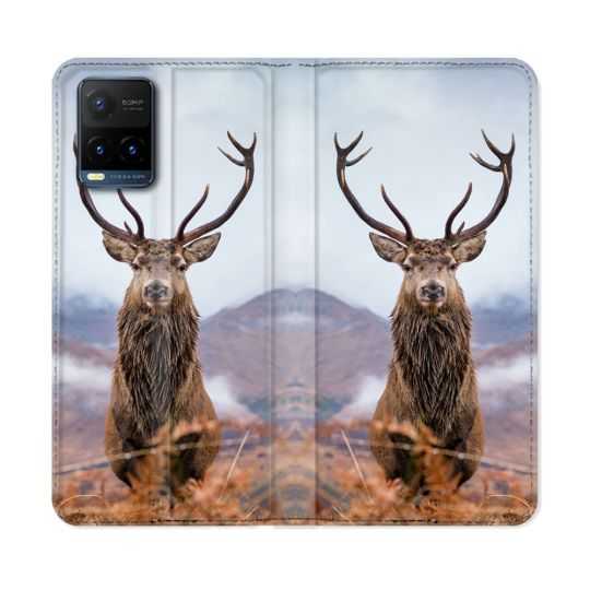 Housse cuir portefeuille Pour Vivo Y21 / Y21S / Y33S Chasse Chevreuil Montagne