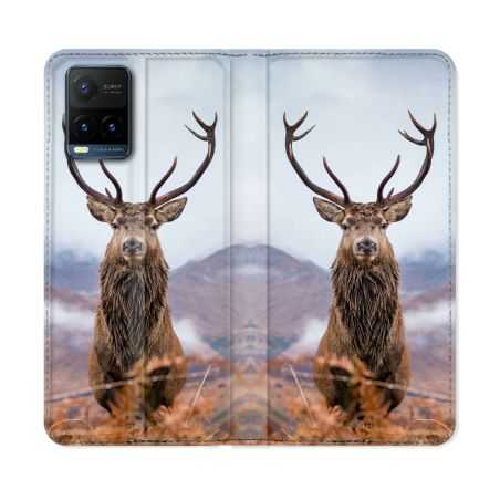 Housse cuir portefeuille Pour Vivo Y21 / Y21S / Y33S Chasse Chevreuil Montagne