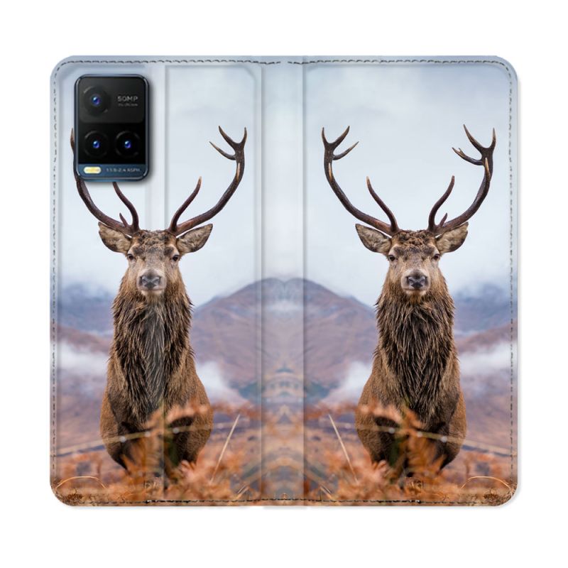 Housse cuir portefeuille Pour Vivo Y21 / Y21S / Y33S Chasse Chevreuil Montagne
