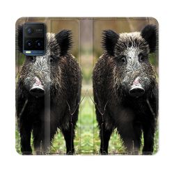 Housse cuir portefeuille Pour Vivo Y21 / Y21S / Y33S Chasse Sanglier bois