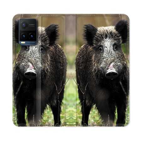 Housse cuir portefeuille Pour Vivo Y21 / Y21S / Y33S Chasse Sanglier bois