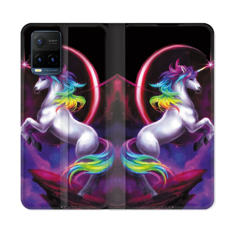 Housse cuir portefeuille Pour Vivo Y21 / Y21S / Y33S Fantastique Licorne Arc en ciel