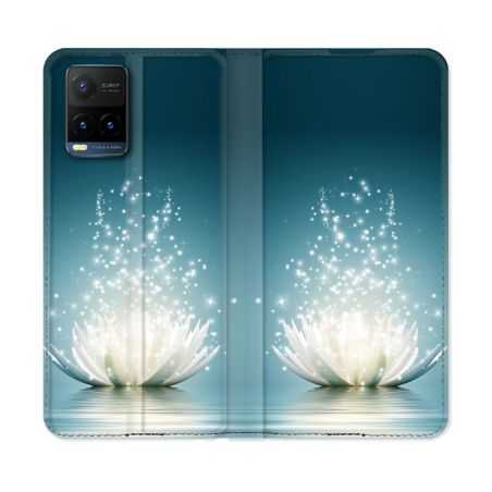Housse cuir portefeuille Pour Vivo Y21 / Y21S / Y33S Fleur Lotus Blanc