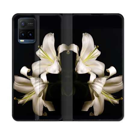 Housse cuir portefeuille Pour Vivo Y21 / Y21S / Y33S Fleur Lys Noir