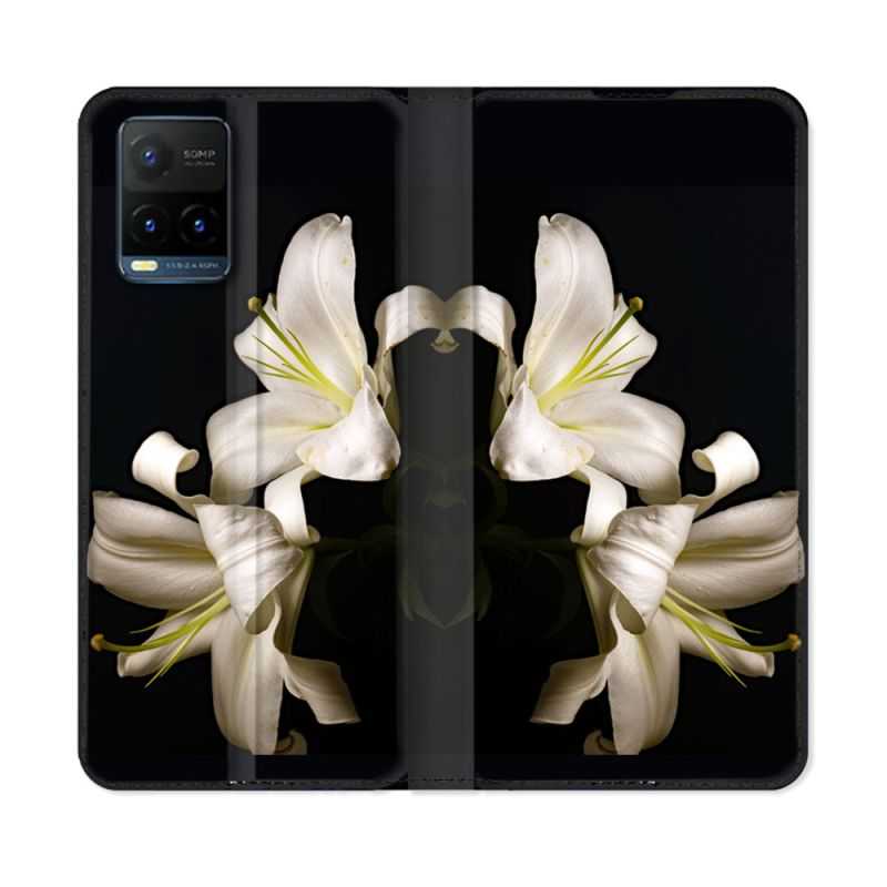 Housse cuir portefeuille Pour Vivo Y21 / Y21S / Y33S Fleur Lys Noir