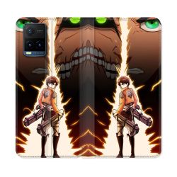 Housse cuir portefeuille Pour Vivo Y21 / Y21S / Y33S Manga Attaque Titans Eren Eclair