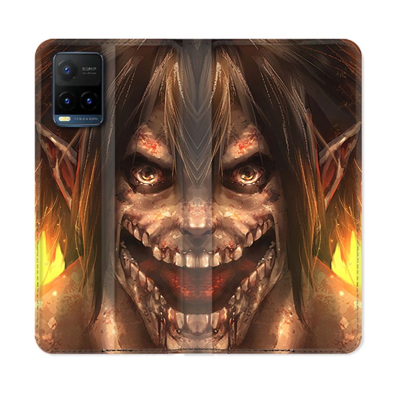 Housse cuir portefeuille Pour Vivo Y21 / Y21S / Y33S Manga Attaque Titans Eren Titan