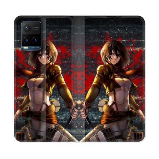 Housse cuir portefeuille Pour Vivo Y21 / Y21S / Y33S Manga Attaque Titans Mikasa