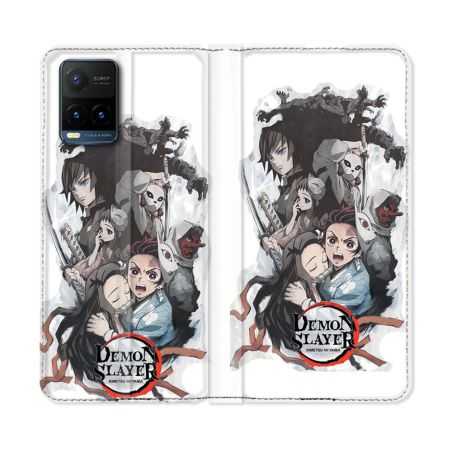 Housse cuir portefeuille Pour Vivo Y21 / Y21S / Y33S Manga Demon Slayer Blanc