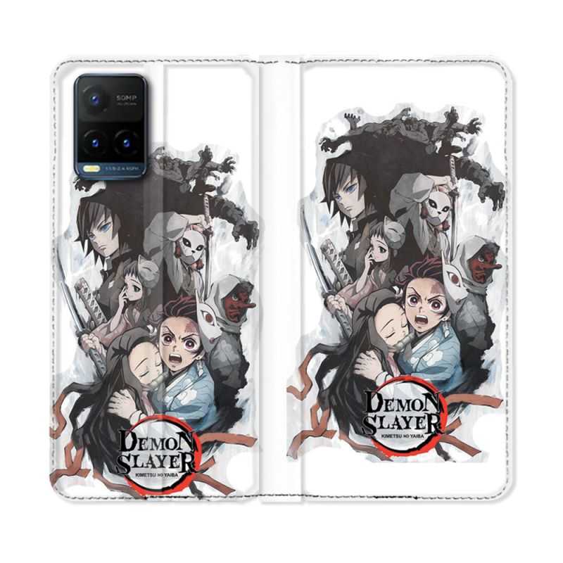 Housse cuir portefeuille Pour Vivo Y21 / Y21S / Y33S Manga Demon Slayer Blanc