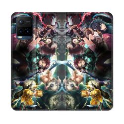 Housse cuir portefeuille Pour Vivo Y21 / Y21S / Y33S Manga Demon Slayer Groupe