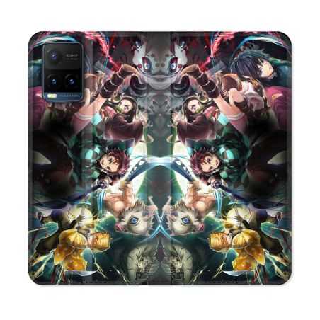 Housse cuir portefeuille Pour Vivo Y21 / Y21S / Y33S Manga Demon Slayer Groupe