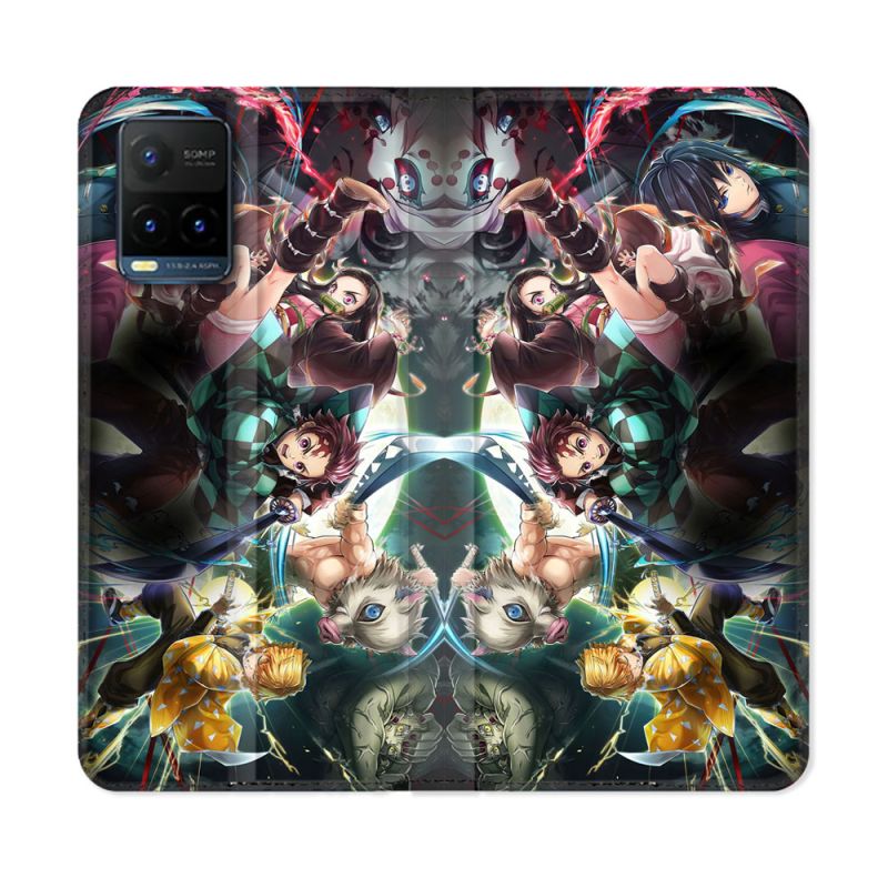 Housse cuir portefeuille Pour Vivo Y21 / Y21S / Y33S Manga Demon Slayer Groupe