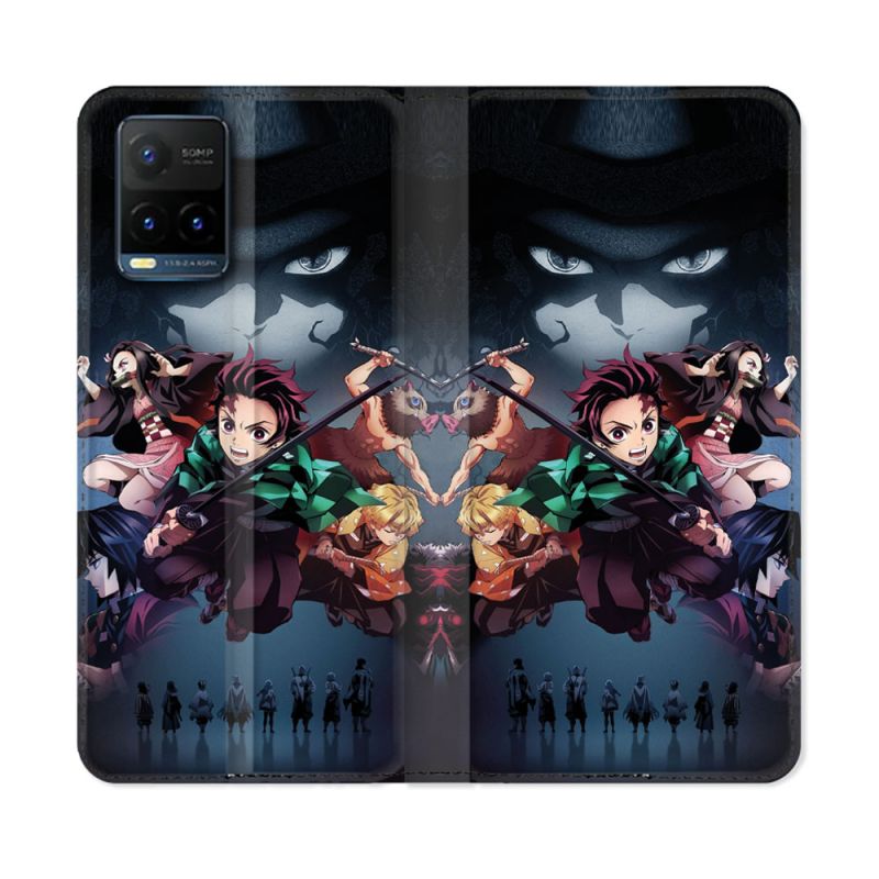 Housse cuir portefeuille Pour Vivo Y21 / Y21S / Y33S Manga Demon Slayer Noir