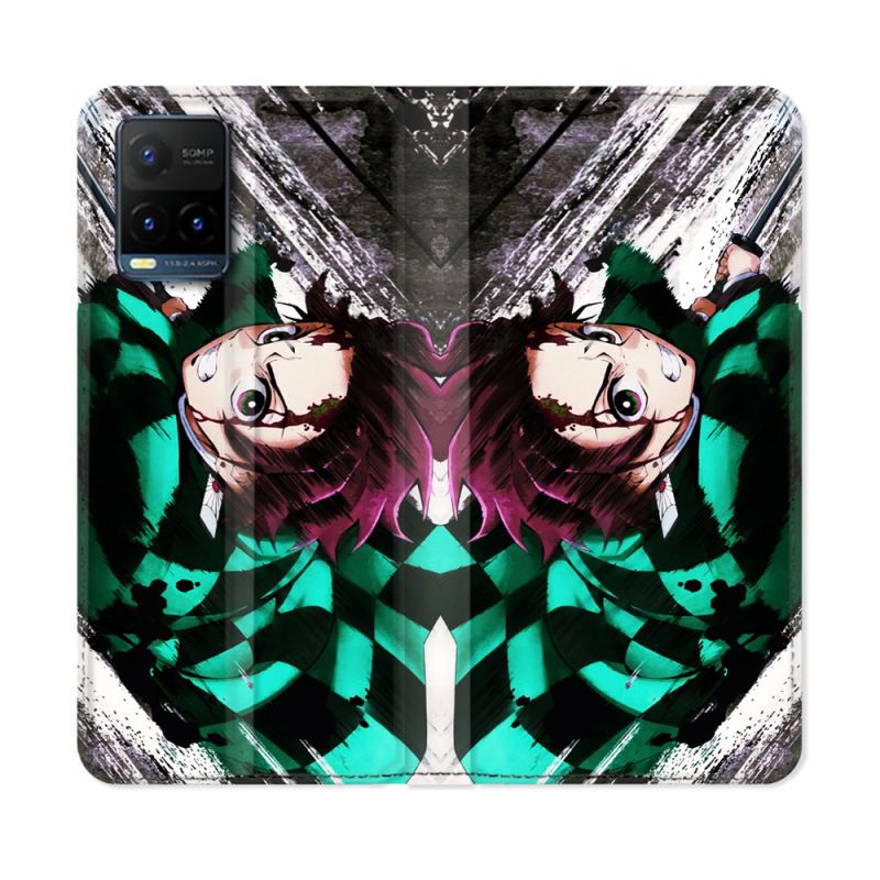 Housse cuir portefeuille Pour Vivo Y21 / Y21S / Y33S Manga Demon Slayer Tanjiro