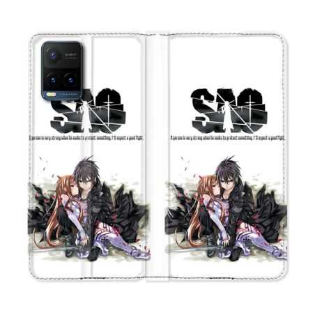 Housse cuir portefeuille Pour Vivo Y21 / Y21S / Y33S Manga SAO sword Art Online Blanc