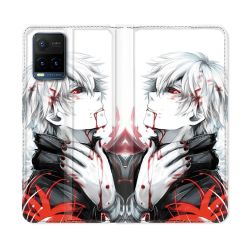 Housse cuir portefeuille Pour Vivo Y21 / Y21S / Y33S Manga Tokyo Ghoul Kaneki Blanc