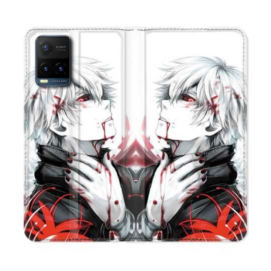 Housse cuir portefeuille Pour Vivo Y21 / Y21S / Y33S Manga Tokyo Ghoul Kaneki Blanc