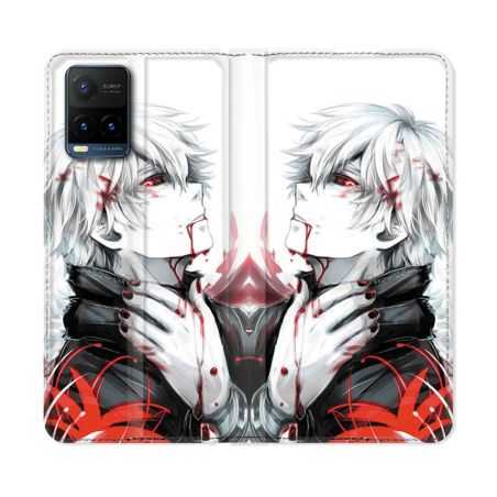 Housse cuir portefeuille Pour Vivo Y21 / Y21S / Y33S Manga Tokyo Ghoul Kaneki Blanc