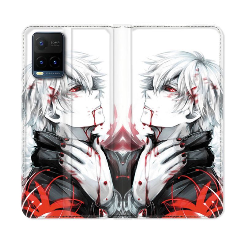Housse cuir portefeuille Pour Vivo Y21 / Y21S / Y33S Manga Tokyo Ghoul Kaneki Blanc