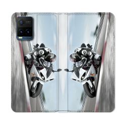 Housse cuir portefeuille Pour Vivo Y21 / Y21S / Y33S Moto Course GP Blanche
