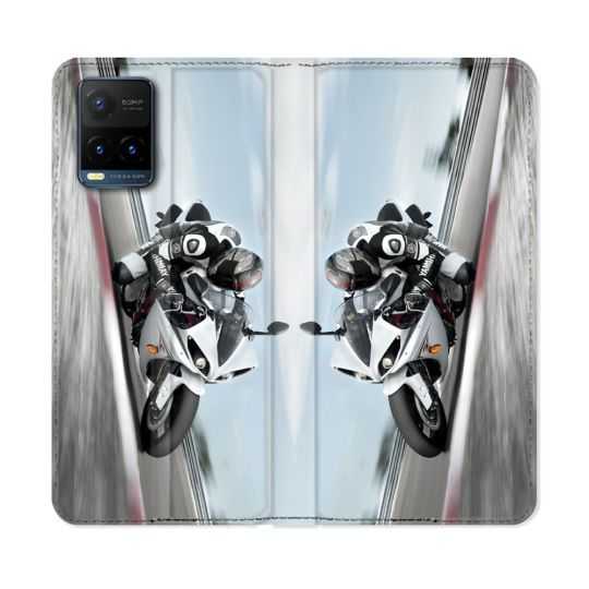 Housse cuir portefeuille Pour Vivo Y21 / Y21S / Y33S Moto Course GP Blanche