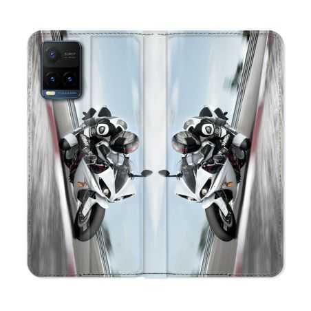 Housse cuir portefeuille Pour Vivo Y21 / Y21S / Y33S Moto Course GP Blanche