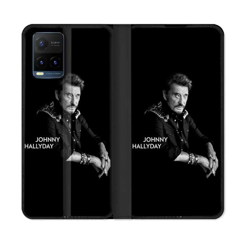 Housse cuir portefeuille Pour Vivo Y21 / Y21S / Y33S Musique Johnny Hallyday Noir