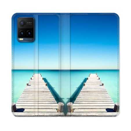 Housse cuir portefeuille Pour Vivo Y21 / Y21S / Y33S Nature Pont Mer