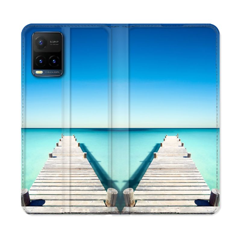 Housse cuir portefeuille Pour Vivo Y21 / Y21S / Y33S Nature Pont Mer