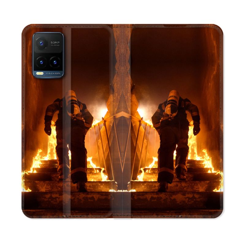 Housse cuir portefeuille Pour Vivo Y21 / Y21S / Y33S Pompier Escalier