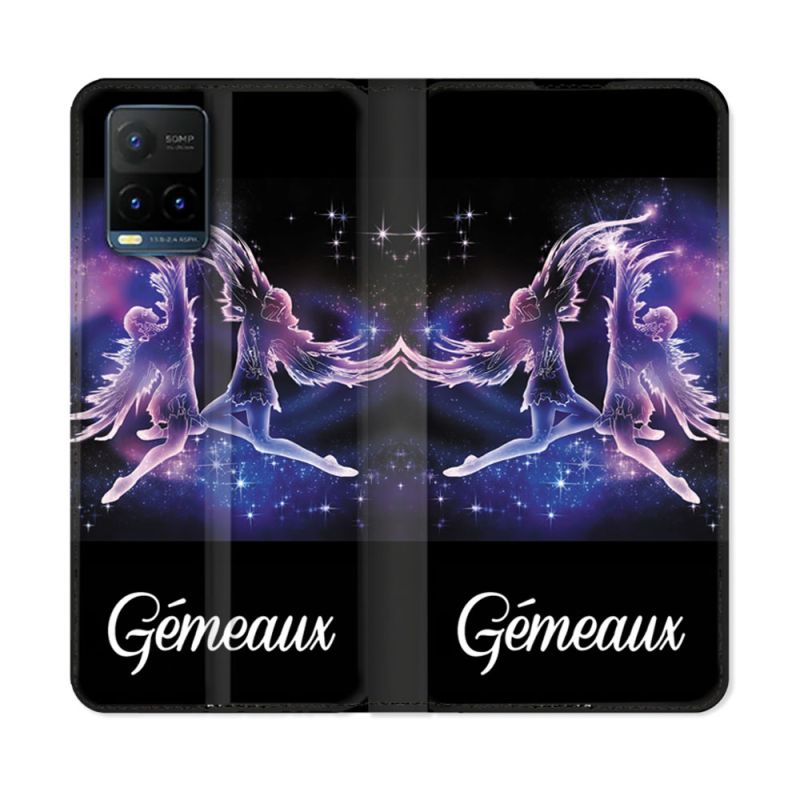 Housse cuir portefeuille Pour Vivo Y21 / Y21S / Y33S Signe Zodiaque 2 Gémeaux