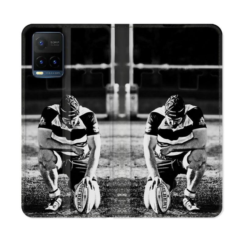Housse cuir portefeuille Pour Vivo Y21 / Y21S / Y33S Sport Rugby Noir Blanc
