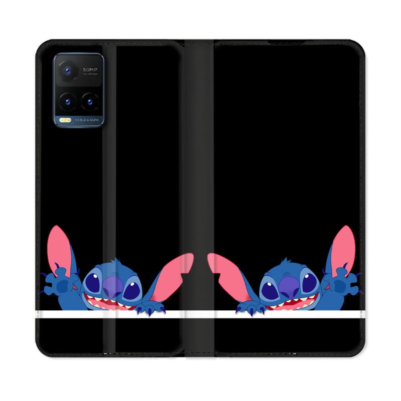 Housse cuir portefeuille Pour Vivo Y21 / Y21S / Y33S Stitch Noir