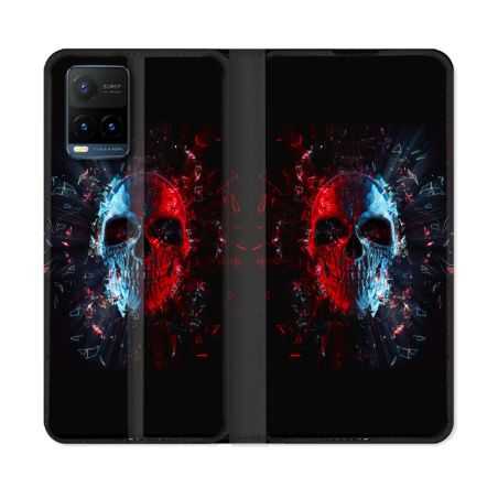 Housse cuir portefeuille Pour Vivo Y21 / Y21S / Y33S Tete de Mort Deflagration